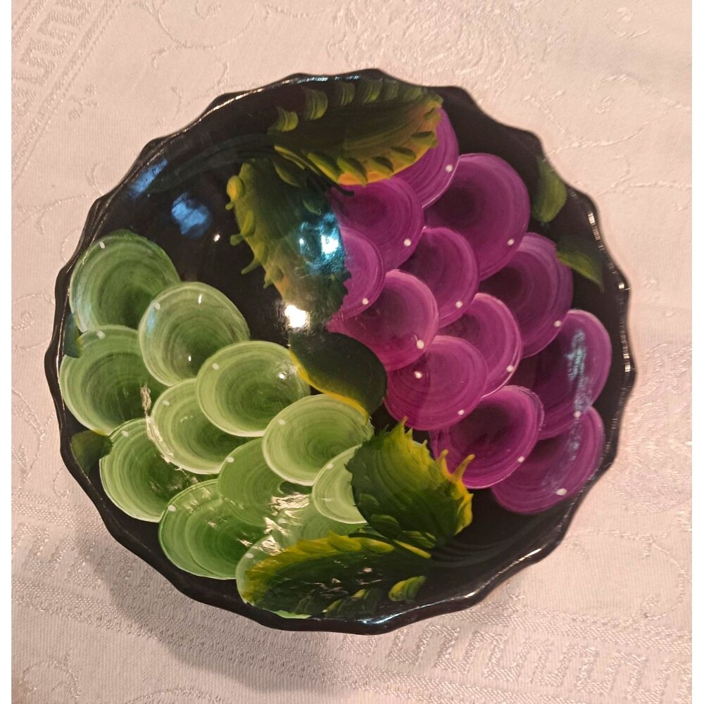Hand Painted Ceramic Art Pottery Decorative Bowl Grapes Motif Black Purple